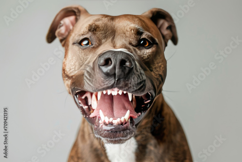 an angry aggressive pit bull terrier type dog snarling at the camera with sharp teeth