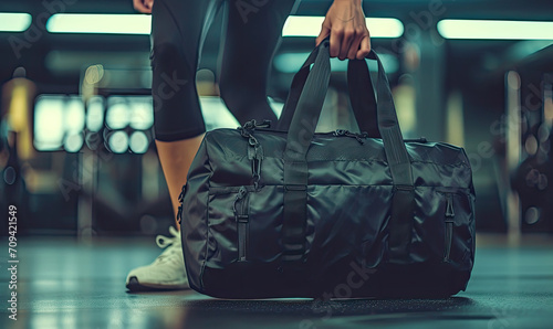 Cropped shot of fit sporty woman in sportswear with gym bag wearing toned yoga pants and sneakers getting ready for exercise session at gym