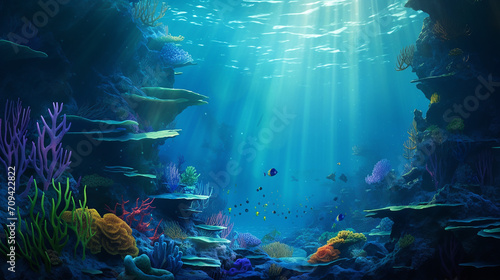 beautiful sea deep or ocean underwater with coral reef as a background