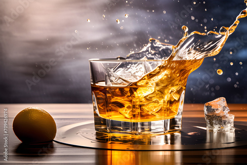 Whisky's liquid splashes and puffs: A detailed still life set on a bar shelf generative ai 