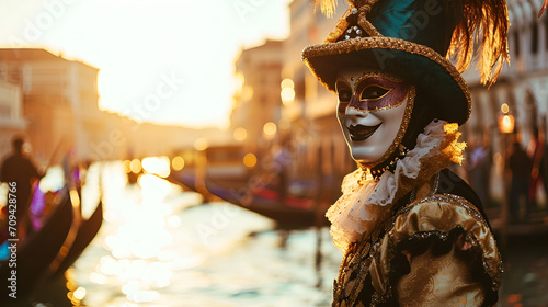 man in a carnival costume and mask at the Venetian carnival against the background of a river and gandolas, close-up with space for text