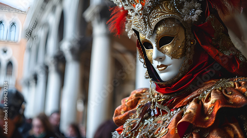 Venetian carnival banner, a man in a carnival costume and mask close-up against the background of the Venetian carnival