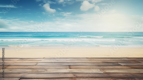 empty wooden planks with blur beach and sea on background