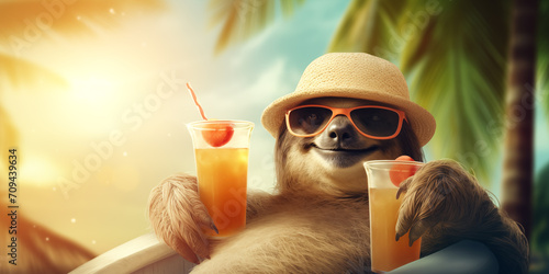 Bicho preguiça senado em uma cadeira de praia usando óculos de sol e chapéu em um cenário praiano tropical e quente