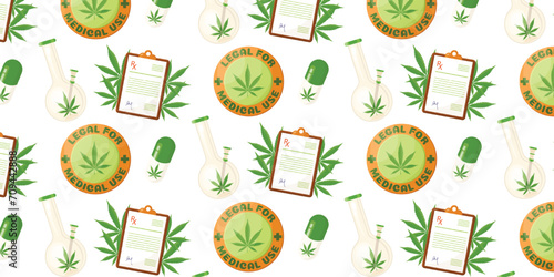 Seamless pattern with hemp cannabis, cbd, tablets, capsules, drug, bong, prescription. Cannabis therapy. Vector illustration in realistic cartoon style. 