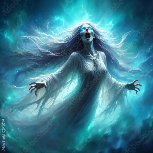 A banshee with ghostly white hair, wailing in the wind, folklore, old woman.