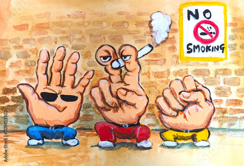 禁煙のポスターの前でタバコを吸って座っている、グー、チョキ、パー、じゃんけんのポーズの、三つの、手、の水彩、手描き、イラスト