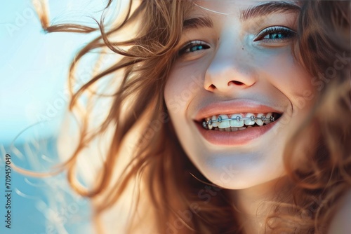 Closeup of women smile with braces 