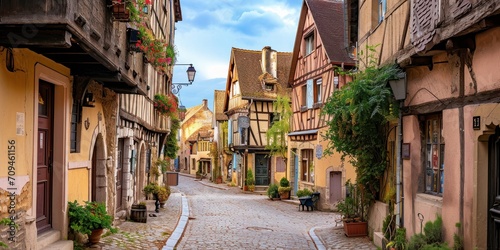 A charming European village square with cobblestone streets and old architecture
