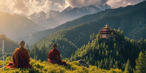 peaceful monastery in the mountains, with monks in meditation amidst serene natural surroundings.