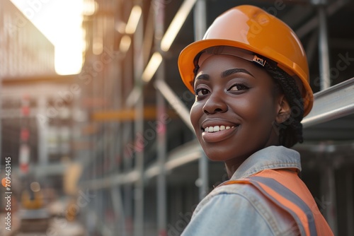 smiling and cheerful young black woman or senior construction 
