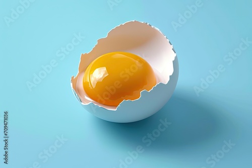 egg is placed against a bright blue background that contrasts the yellow and white colors of the egg