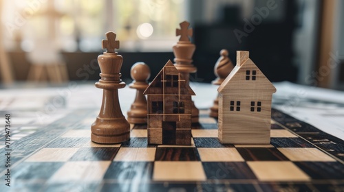 Chess Pieces and Wooden Houses on Chessboard