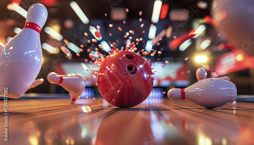 a red bowling ball is crashing through the pins