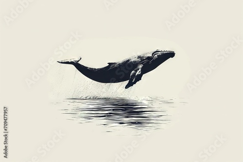 Minimal beautiful drawn diving whale. Vintage retro vibes. Birth Card inspiration.