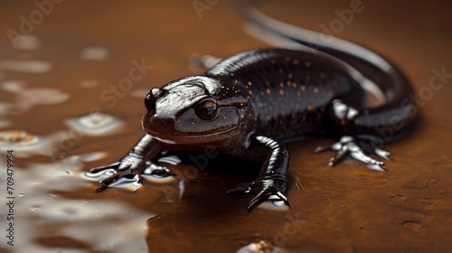 A lizard, similar to a red salamander, is seen on a table, its wet skin detailed.