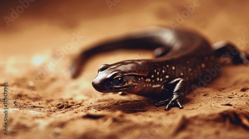 A lizard, resembling a red salamander, is seen on a sandy surface.