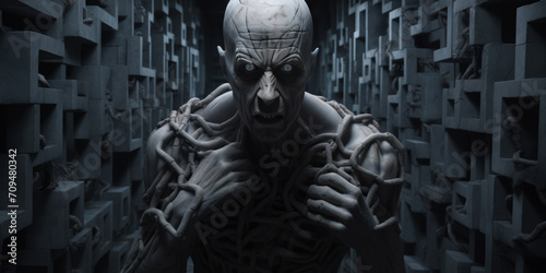 A man, resembling a creepy mutant or alien cyborg, is seen in a jail cell with chains around his neck.