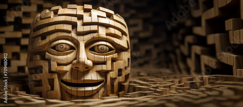 A wooden sculpture of a face, resembling a tortured figure, is seen in a maze.