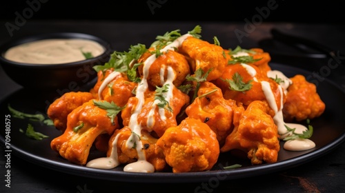 Plate of greasy and flavorful buffalo cauliflower bites with a spicy buffalo sauce
