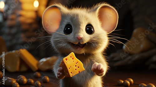 3d illustratoin of cute gray mouse standup with a piece cheese.