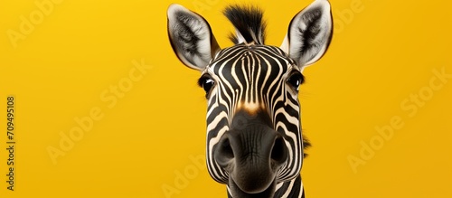 a close up of a zebra's face on a yellow background