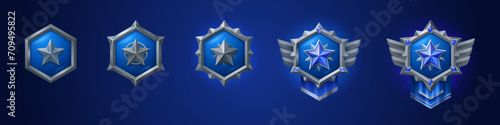 Military game rank buttons set isolated on background. Vector realistic illustration of hexagonal blue shield badges in iron frames decorated with gemstone star and wings, winner award, success symbol