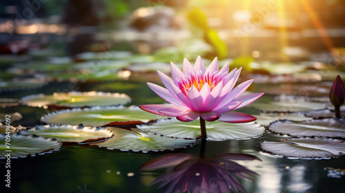 A vibrant water lily opens up in the serene morning light, reflecting beautifully on the calm pond surface.