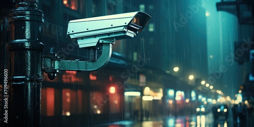 Surveillance Security Camera or CCTV in city street at night. Surveillance and security concept