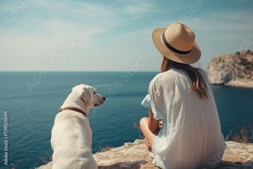 Rear view of woman traveling with dog at the seaside, woman looking at the sea with dog, traveling with pets, summer travel, faceless travel footage, seaside travel