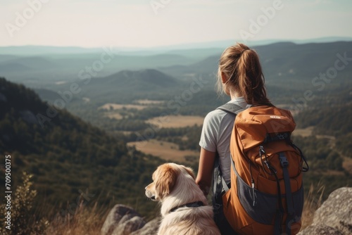 Rear view of woman hiking with dog, woman hiking with dog, traveling with pets, summer travel, faceless travel footage, hiking