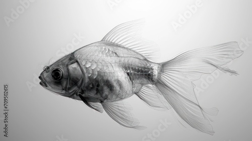  a black and white photo of a fish on a light gray background with a reflection of the fish in the water.