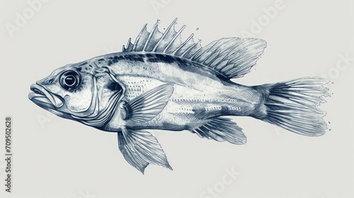  a black and white drawing of a fish with its mouth open and it's head turned to the side.