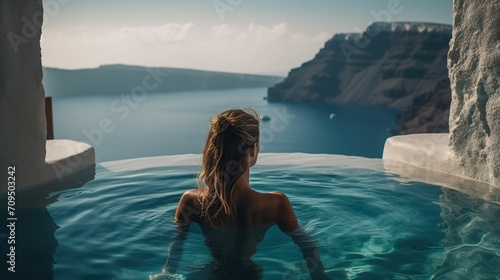 Rear view of woman looking at scenery in infinity pool, woman traveling in mediterranean sea in summer, woman looking at scenery in cliff hotel pool in Greece