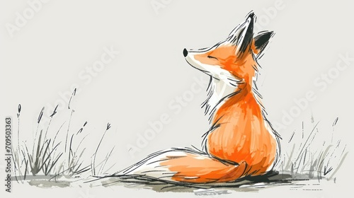  a drawing of a red fox sitting in the grass looking up at something in the distance with its eyes closed.