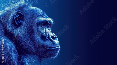  a close up of a gorilla's face on a blue background with a blurry image of the gorilla's head.