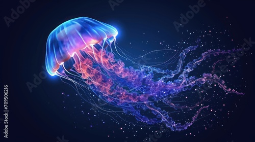  a blue and purple jellyfish floating on a dark blue background with small dots of light in the bottom of the jellyfish's head.
