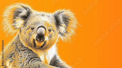  a drawing of a koala sitting on top of a tree branch with its head turned to the side, with an orange background.