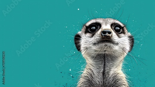 a close - up of a meerkat's face against a teal background with snow flakes.