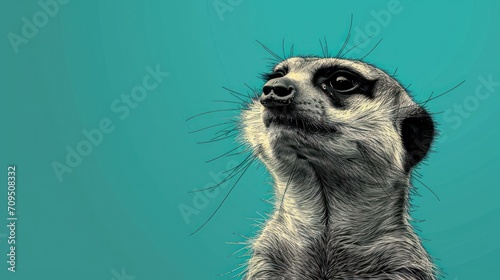  a close - up of a meerkat's face against a teal background with the meerkat looking up.