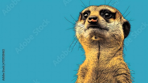  a close - up of a meerkat's face on a blue background with the meerkat looking up.