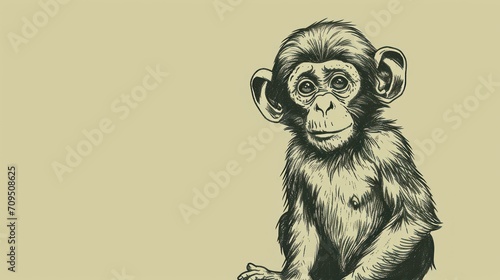  a black and white drawing of a monkey sitting on the ground with its head turned to the side and eyes wide open.