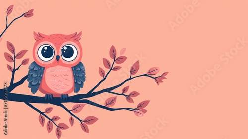  a pink owl sitting on a branch of a tree with leaves on it's branches, with a pink background.
