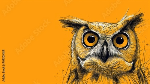  a close up of an owl's face on a yellow background with a black and white drawing of an owl's head.