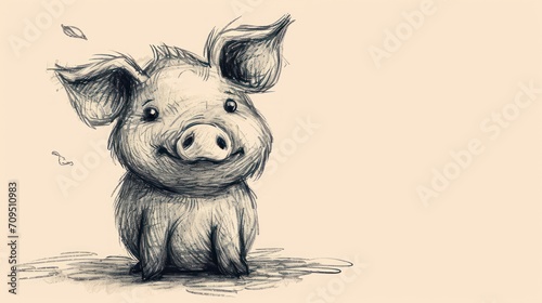  a black and white drawing of a pig sitting on the ground with its head turned to the side and eyes wide open.