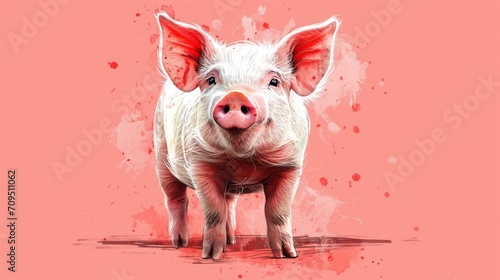 a painting of a pig on a pink background with a red spot in the middle of the pig's ear.