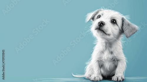  a small white dog sitting on top of a blue floor in front of a blue wall with a sad look on it's face.