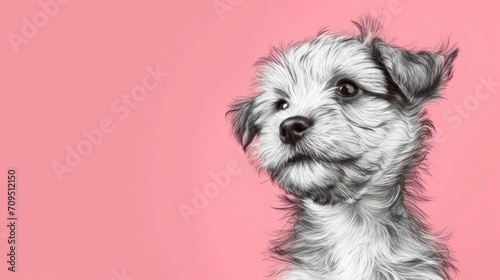  a black and white picture of a dog on a pink background with a black and white outline of a dog's face.