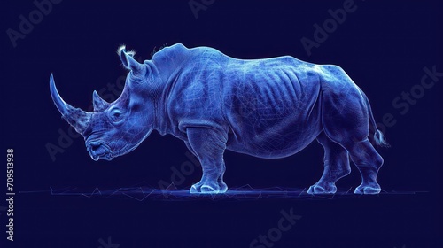  a rhinoceros standing in the dark with its head turned to look like it's eating something out of the ground.