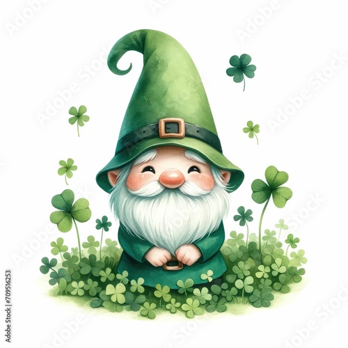 Gnome with clover leaf isolated on white background, St. Patrick's Day concept clipart.